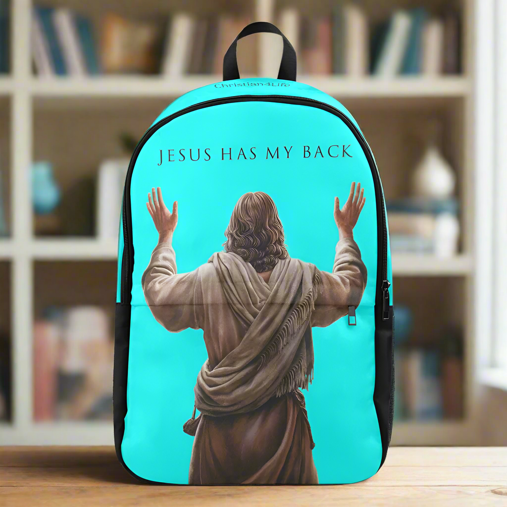 "Jesus Has My Back" Christian Backpack-Black Side Accent (Choose Green or Blue shades)