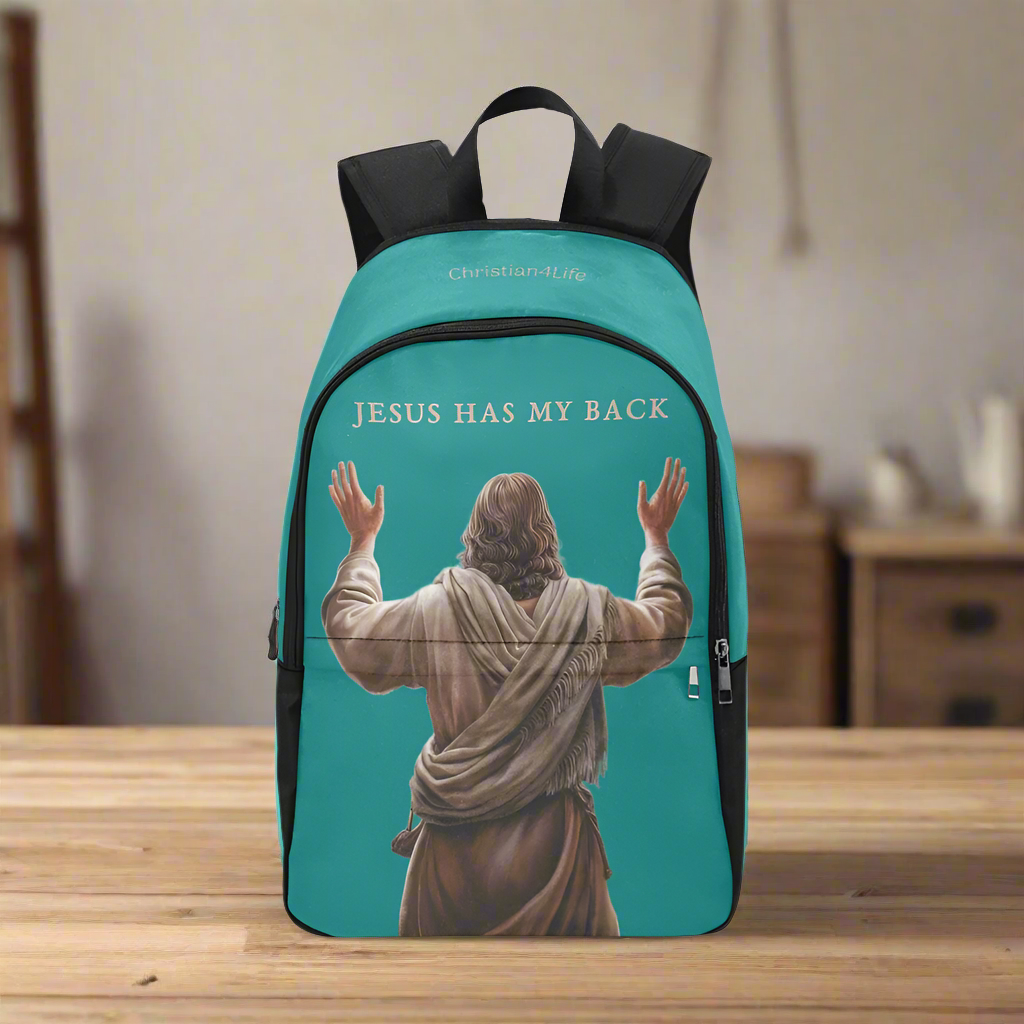 "Jesus Has My Back" Christian Backpack-Black Side Accent (Choose Green or Blue shades)