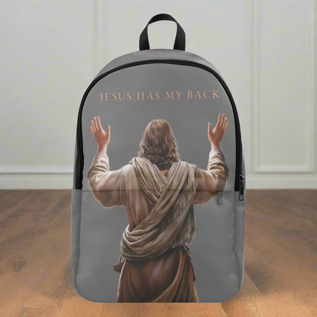 "Jesus Has My Back" Graphic design Christian Backpack (Choose Grey Shade)