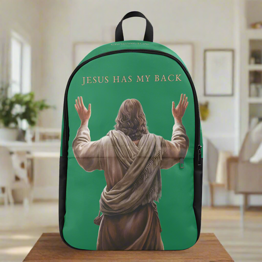 "Jesus Has My Back" Christian Backpack-Black Side Accent (Choose Green or Blue shades)