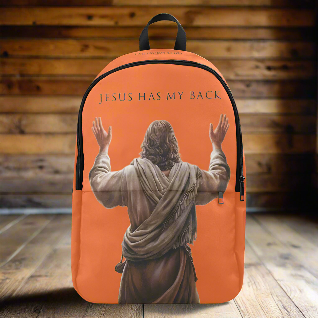 "Jesus Has My Back" Graphic design Christian Backpack (Choose Orange Shade)