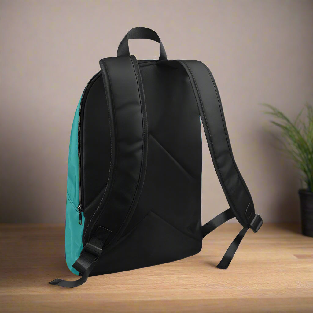 Black backpack with a teal side panel on a white background