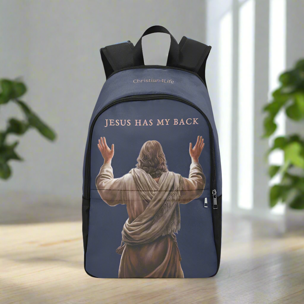 "Jesus Has My Back" Christian Backpack-Black Side Accent (Choose Green or Blue shades)