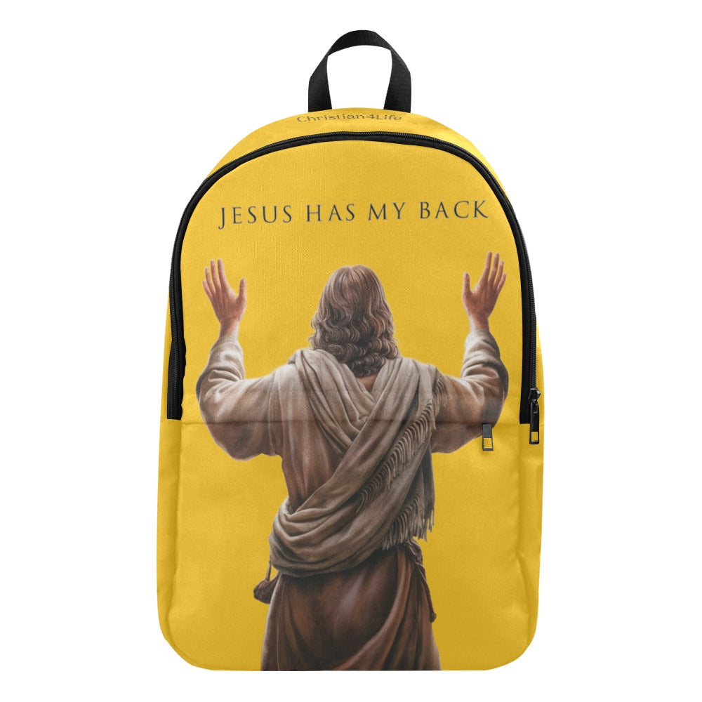 Backpack with a graphic of Jesus with outstretched arms and 'Jesus Has My Back' text on a yellow background.