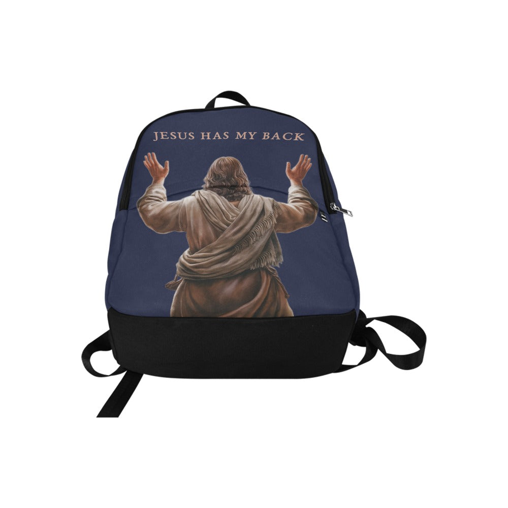 Backpack with a graphic of Jesus with outstretched arms and 'Jesus Has My Back' text on a white background