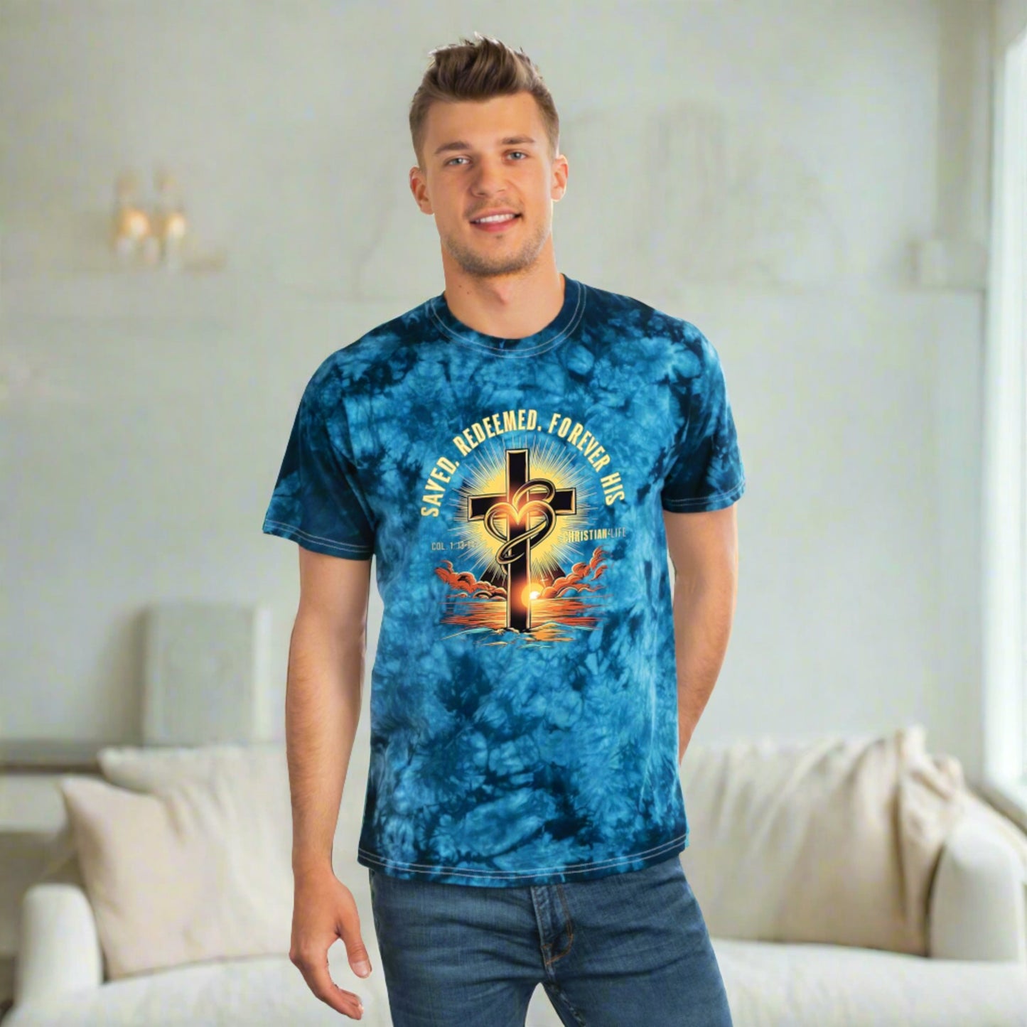 Unisex ’Saved Redeemed Forever His’ Christian Tie-Dye T-shirt - T-Shirt