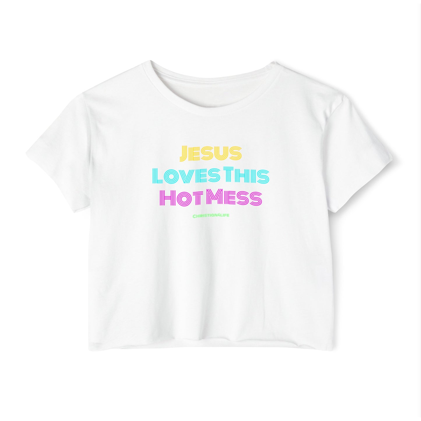 Jesus Loves this Hot Mess -Women’s Festival Crop Top - White / XS - T-Shirt