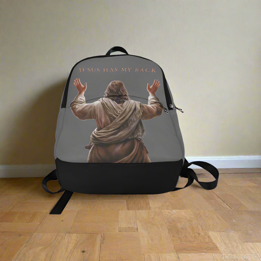 "Jesus Has My Back" Graphic design Christian Backpack (Choose Grey Shade)