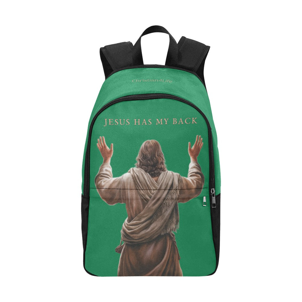 "Jesus Has My Back" Christian Backpack-Black Side Accent (Choose Green or Blue shades)