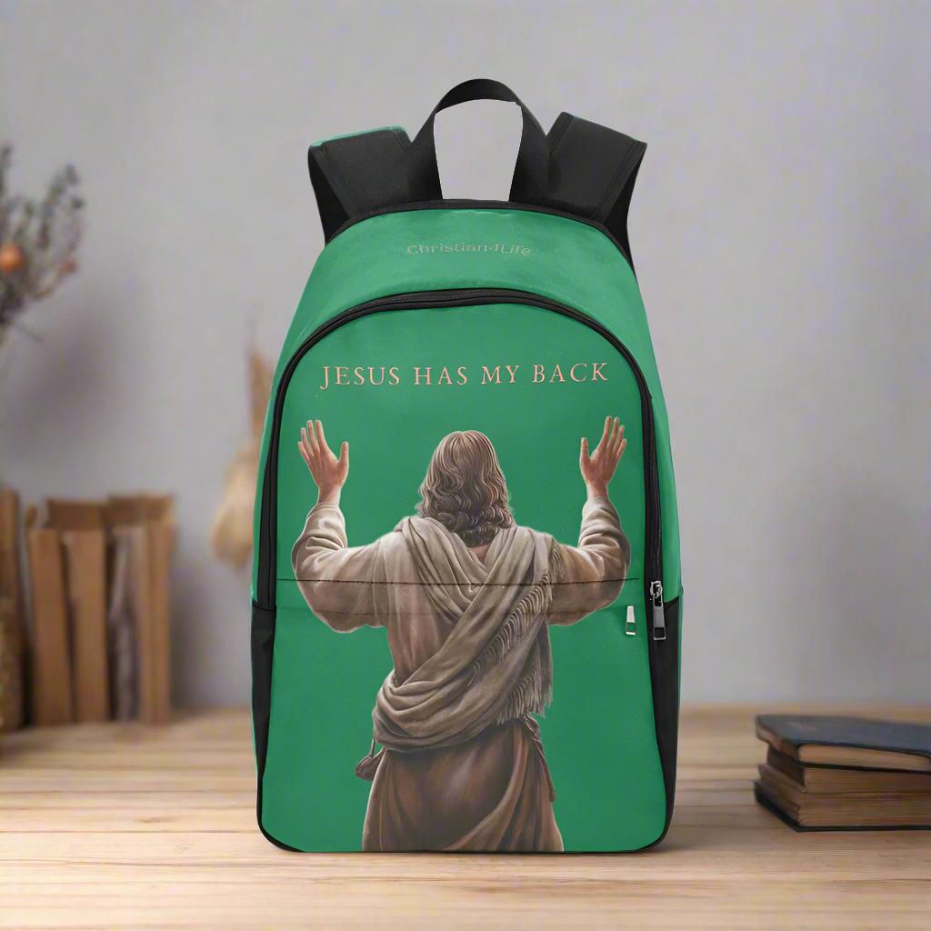 "Jesus Has My Back" Christian Backpack-Black Side Accent (Choose Green or Blue shades)