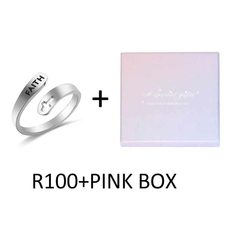 Adjustable Christian Faith Rings (Multiple styles) - Faith & Cross R100 + Pink Box / 9-Adjustable - Jewelry