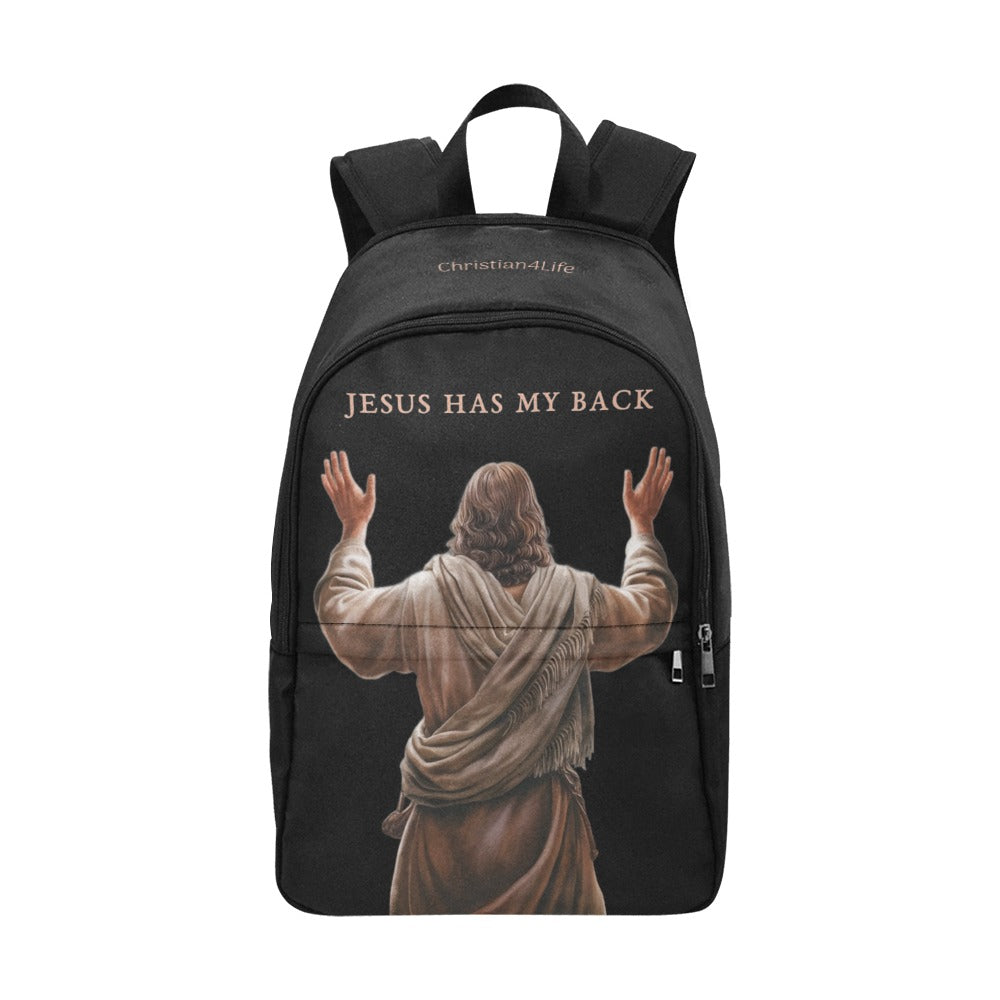 Black backpack with a graphic of Jesus and 'Jesus Has My Back' text on a white background.