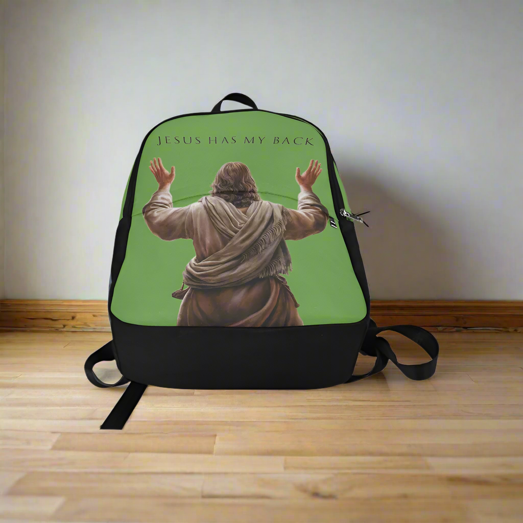"Jesus Has My Back" Christian Backpack-Black Side Accent (Choose Green or Blue shades)