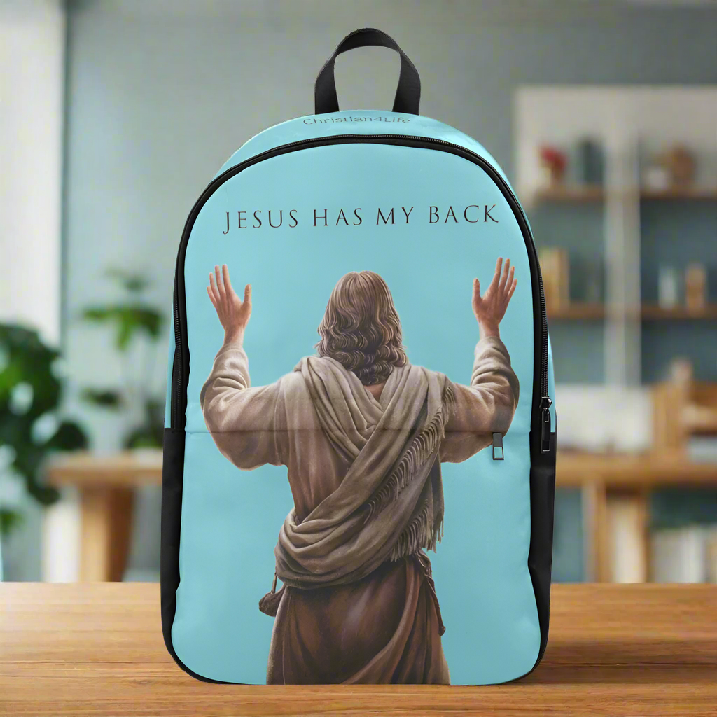 "Jesus Has My Back" Christian Backpack-Black Side Accent (Choose Green or Blue shades)
