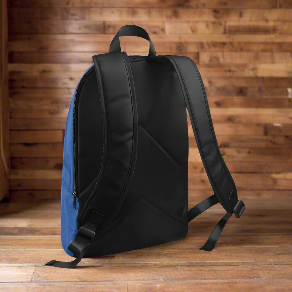 Black backpack with blue side panel on a white background
