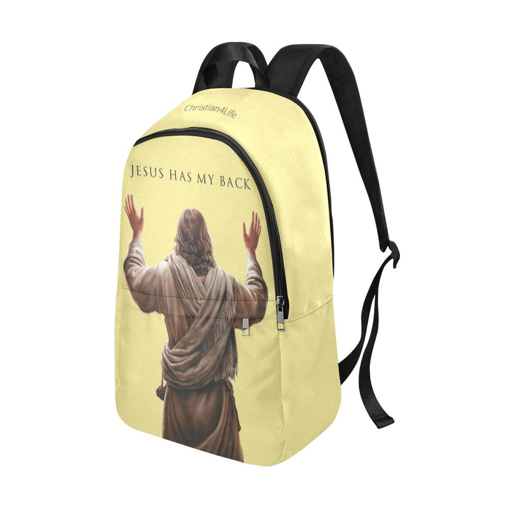 Backpack with 'Jesus Has My Back' text and image of Jesus on a yellow background