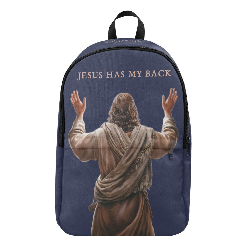 Backpack with a depiction of Jesus and 'Jesus Has My Back' text on a white background