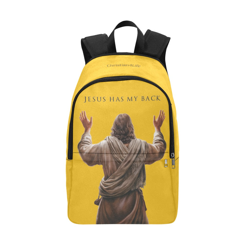 Yellow backpack with a graphic of Jesus with hands raised and 'Jesus Has My Back' text on a white background.