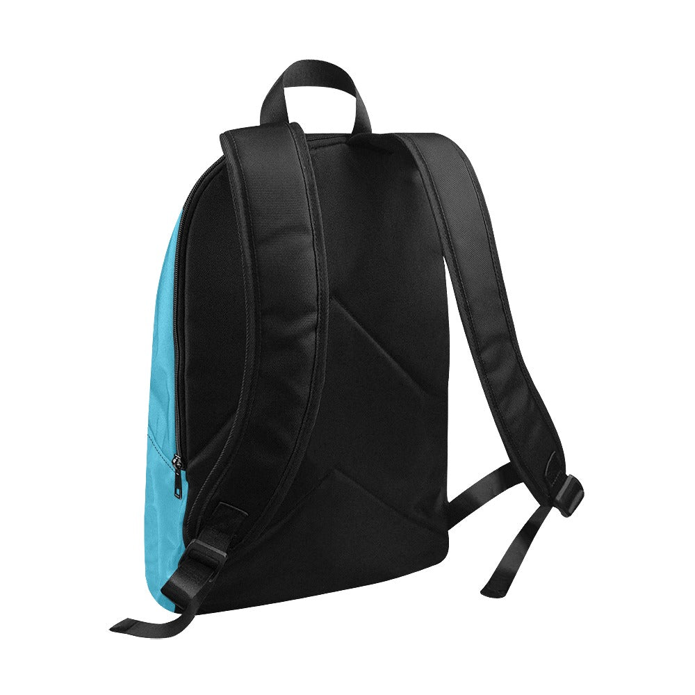 Black backpack with a blue side panel on a white background