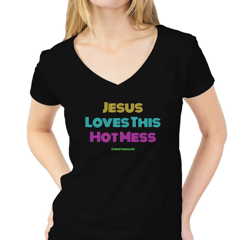 Jesus Loves this Hot Mess - womens tultex v neck - XS / Black - V-neck