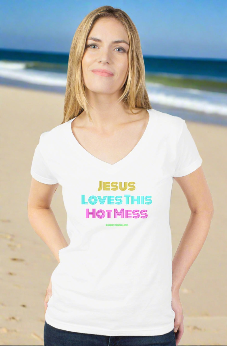 Jesus Loves this Hot Mess - womens tultex v neck - XS / White - V-neck