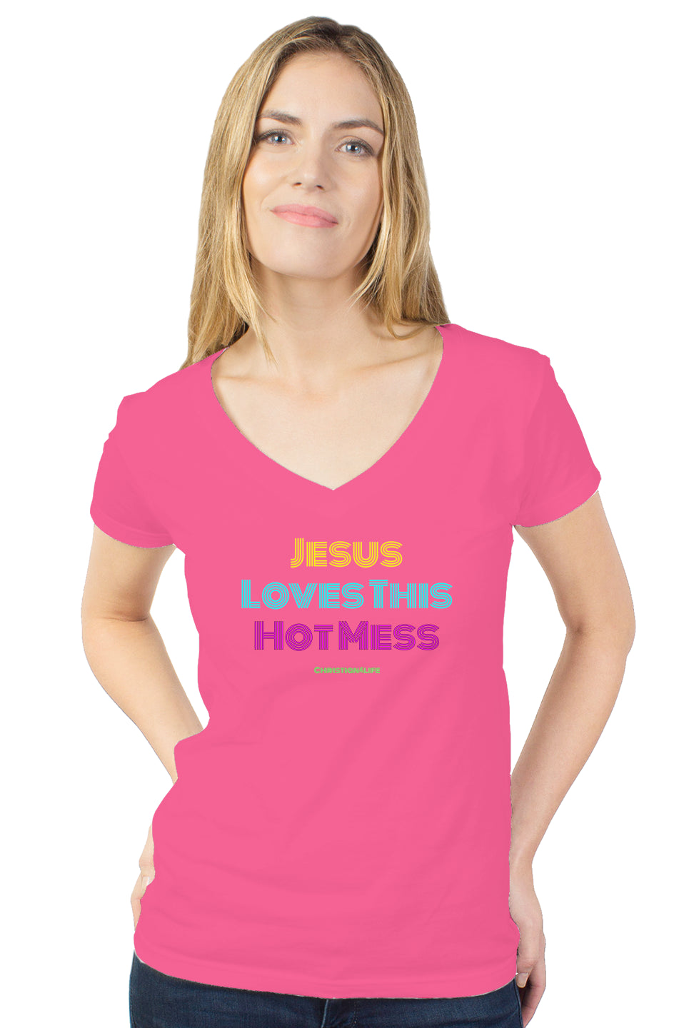 Jesus Loves this Hot Mess - womens tultex v neck - XS / Fuschia - V-neck