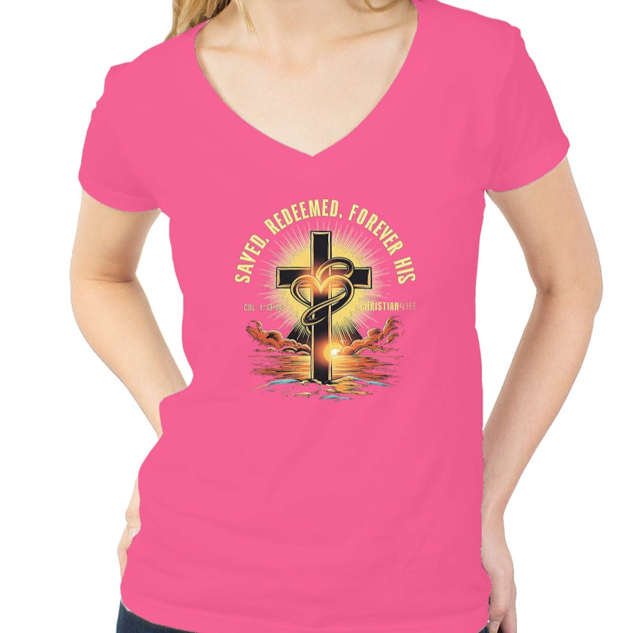 Saved and Redeemed-Women’s tultex v neck - XS / Fuschia - V-neck