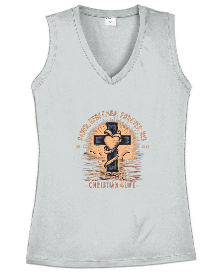 Saved and Redeemed Ladies Competitor V-Neck Tee - S / Silver - V-neck