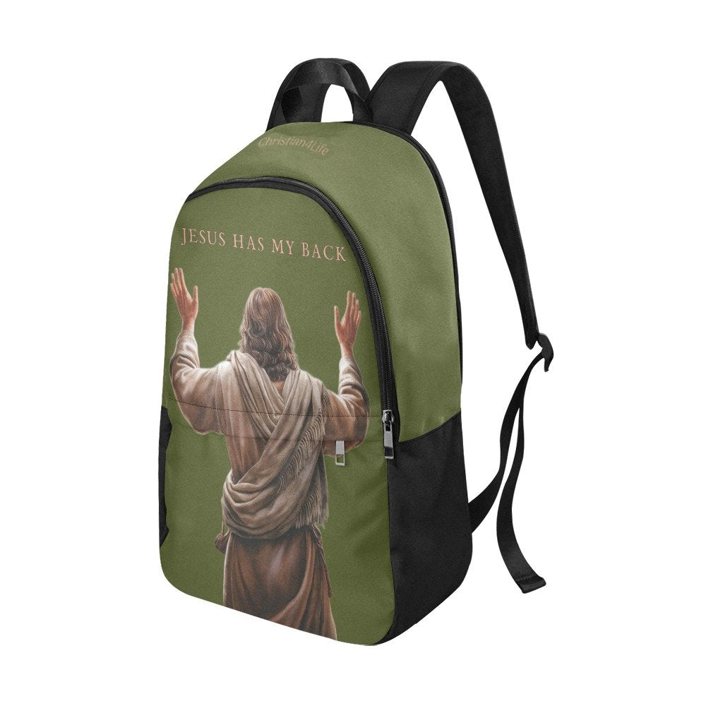 "Jesus Has My Back" Christian Backpack-Black Side Accent (Choose Green or Blue shades)