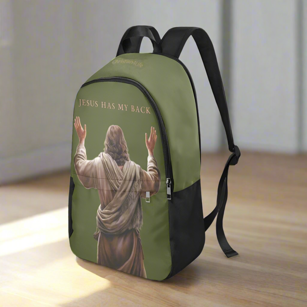 "Jesus Has My Back" Christian Backpack-Black Side Accent (Choose Green or Blue shades)