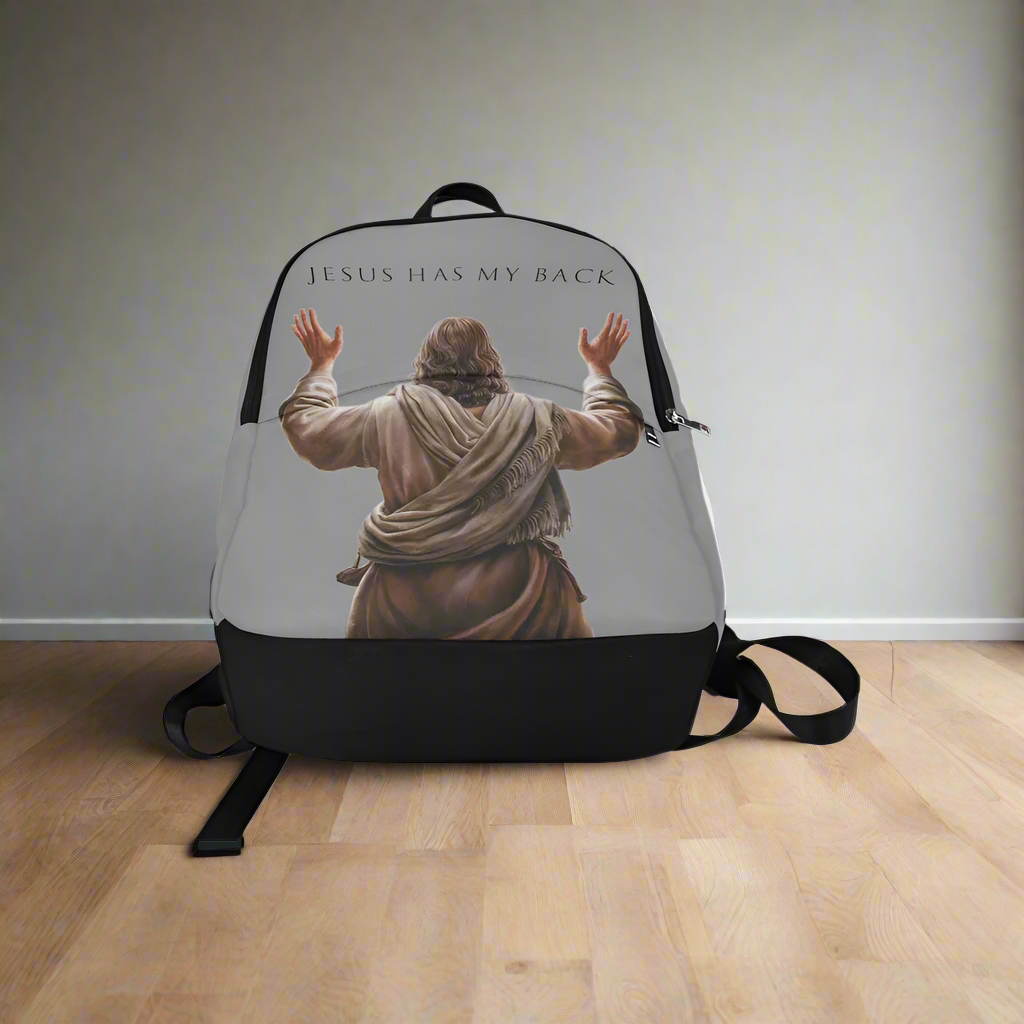 "Jesus Has My Back" Graphic design Christian Backpack (Choose Grey Shade)