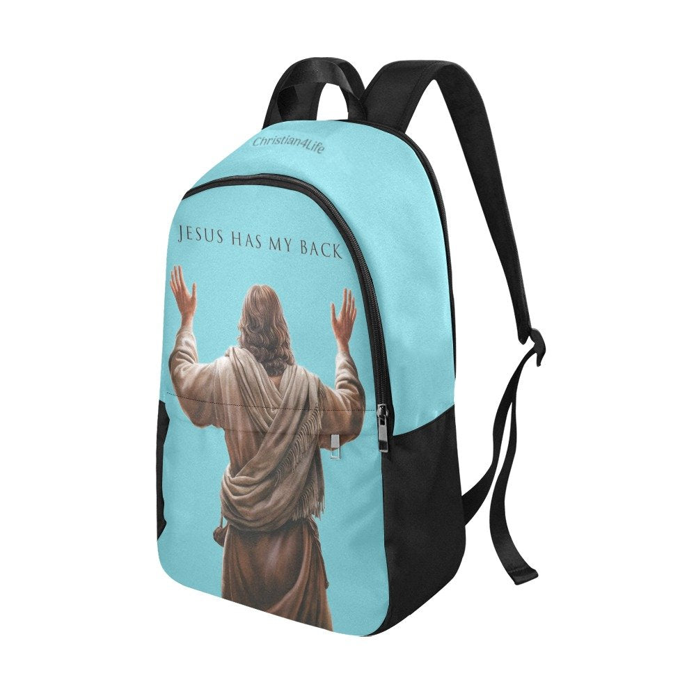 "Jesus Has My Back" Christian Backpack-Black Side Accent (Choose Green or Blue shades)
