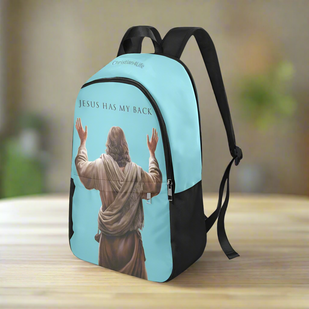 "Jesus Has My Back" Christian Backpack-Black Side Accent (Choose Green or Blue shades)
