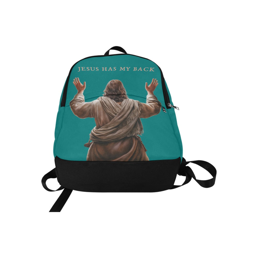 Backpack with a graphic of Jesus with arms raised and 'Jesus Has My Back' text on a teal backpack.