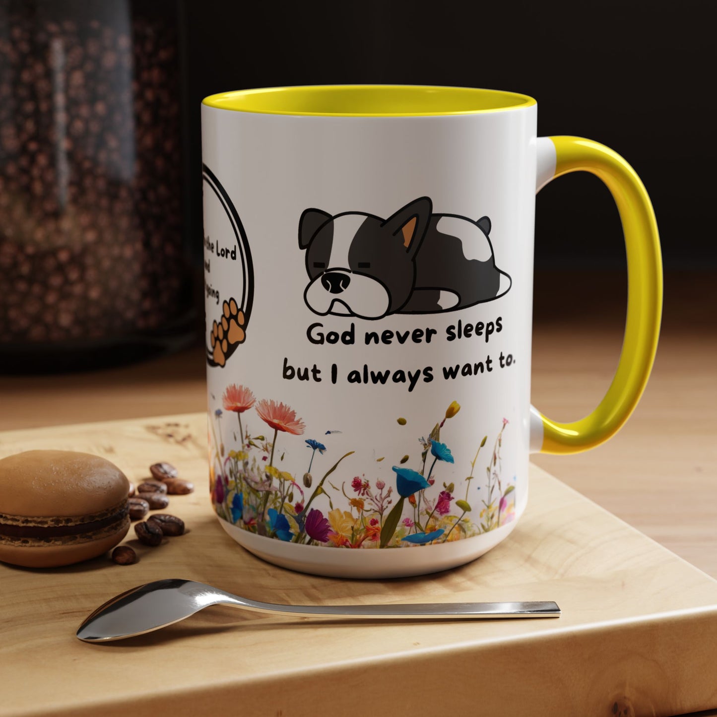 Christian 11oz and 15oz Accent Coffee Mug ’God never sleeps’ (with flowers) - 15oz / Yellow - Mug