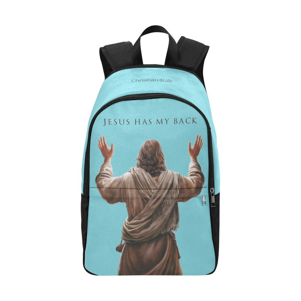 "Jesus Has My Back" Christian Backpack-Black Side Accent (Choose Green or Blue shades)