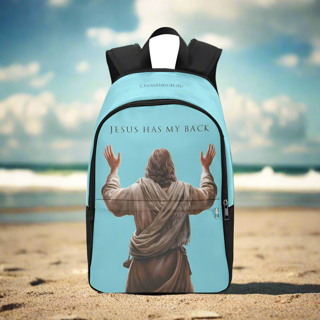 "Jesus Has My Back" Christian Backpack-Black Side Accent (Choose Green or Blue shades)