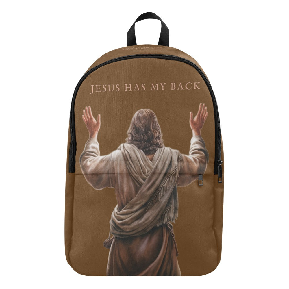 "Jesus Has My Back" Graphic design Christian Backpack (Choose Brown Shade)