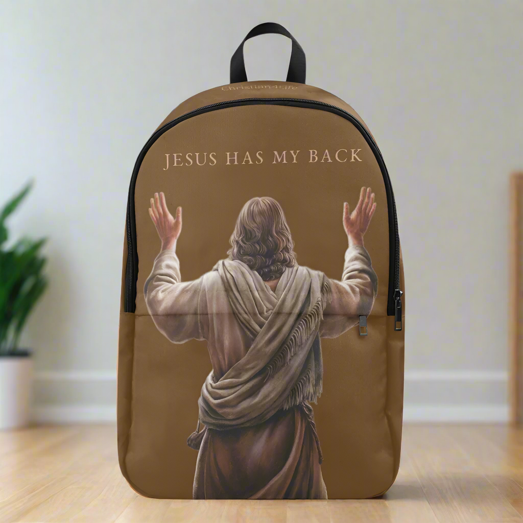 "Jesus Has My Back" Graphic design Christian Backpack (Choose Brown Shade)