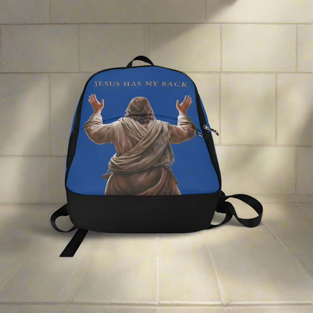"Jesus Has My Back" Christian Backpack-Black Side Accent (Choose Green or Blue shades)