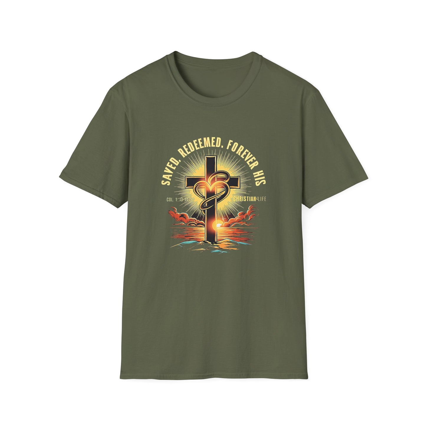 Unisex ’Saved Redeemed Forever His’ Christian Cotton Softstyle T-Shirt - Military Green / S - T-Shirt