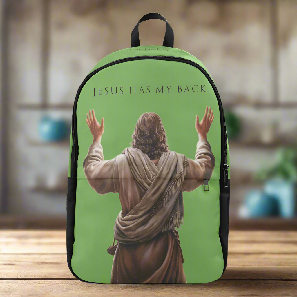 "Jesus Has My Back" Christian Backpack-Black Side Accent (Choose Green or Blue shades)