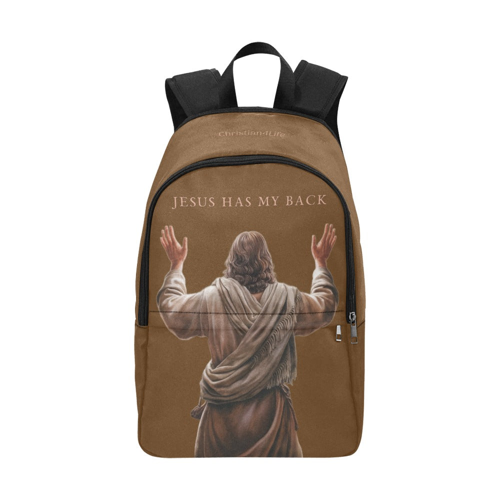 "Jesus Has My Back" Graphic design Christian Backpack (Choose Brown Shade)