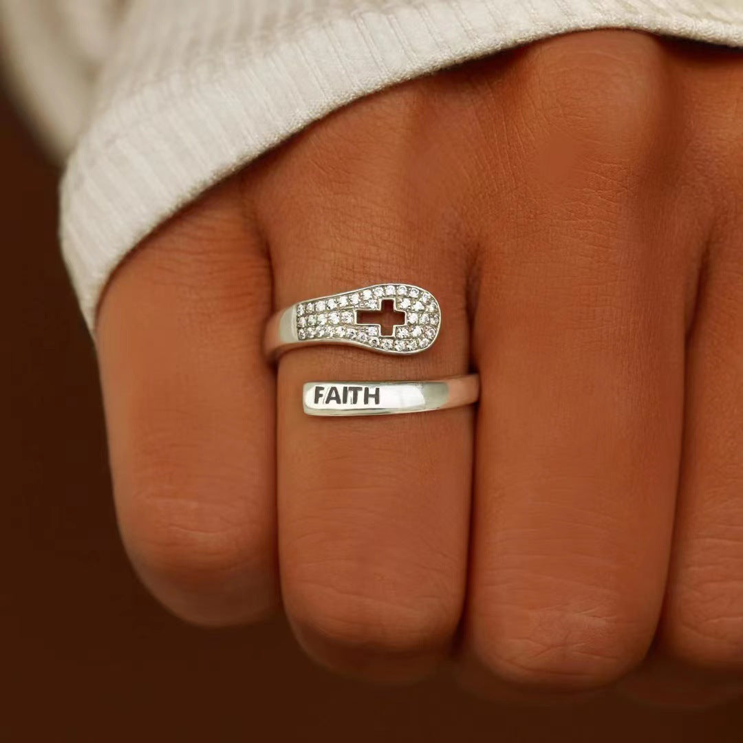 S925 Sterling Silver Faith Cross Zircon Ring - Silver - Jewelry