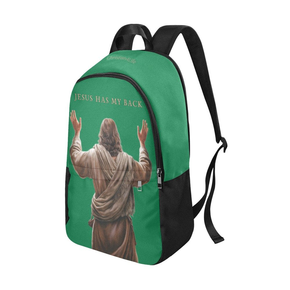 "Jesus Has My Back" Christian Backpack-Black Side Accent (Choose Green or Blue shades)