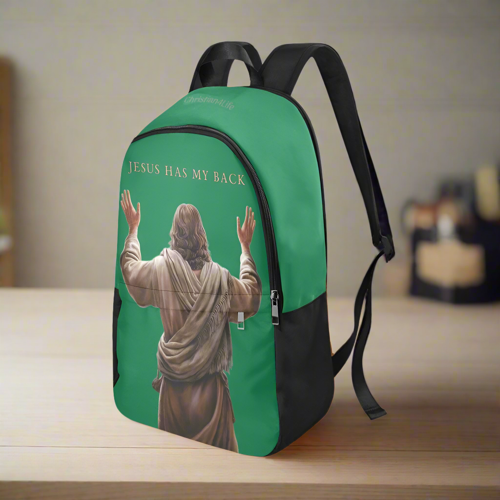 "Jesus Has My Back" Christian Backpack-Black Side Accent (Choose Green or Blue shades)