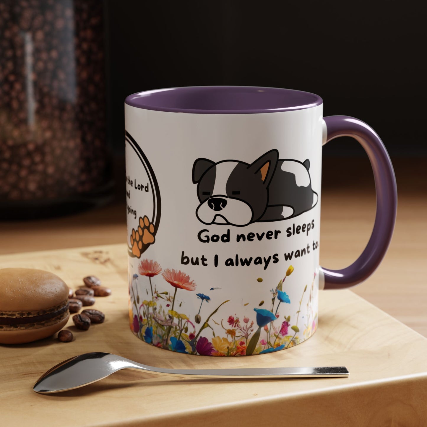 Christian 11oz and 15oz Accent Coffee Mug ’God never sleeps’ (with flowers) - 11oz / Purple - Mug