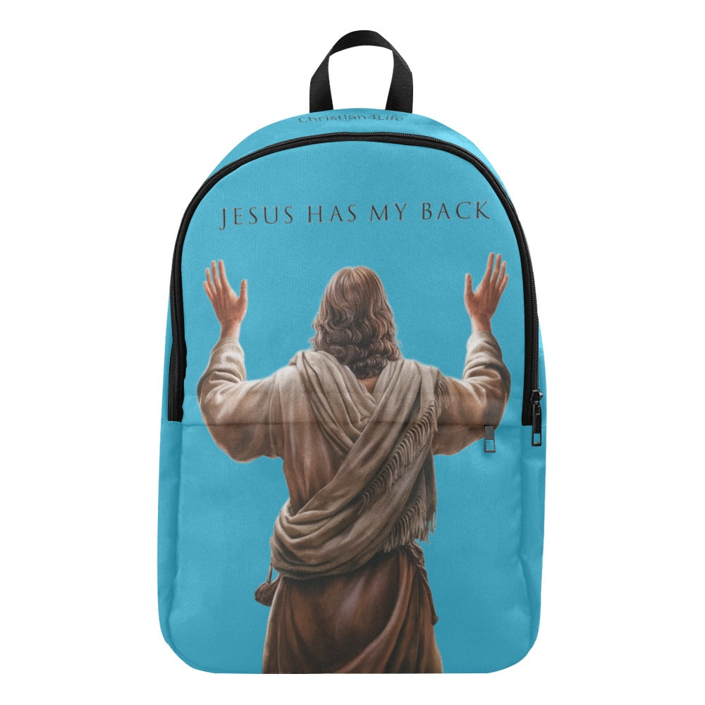 Backpack with a depiction of Jesus and 'Jesus Has My Back' text on a blue background