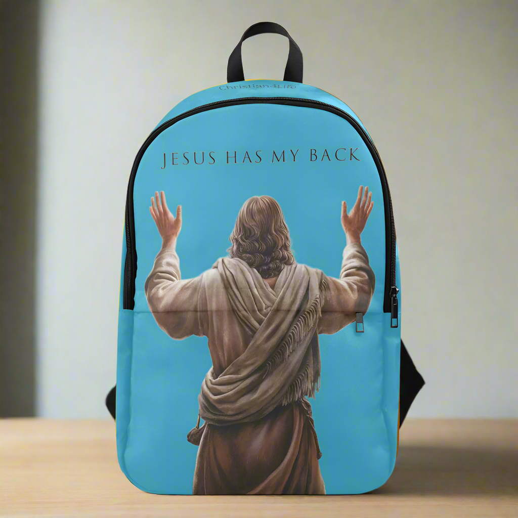 "Jesus Has My Back" design Christian Backpack (turquoise)
