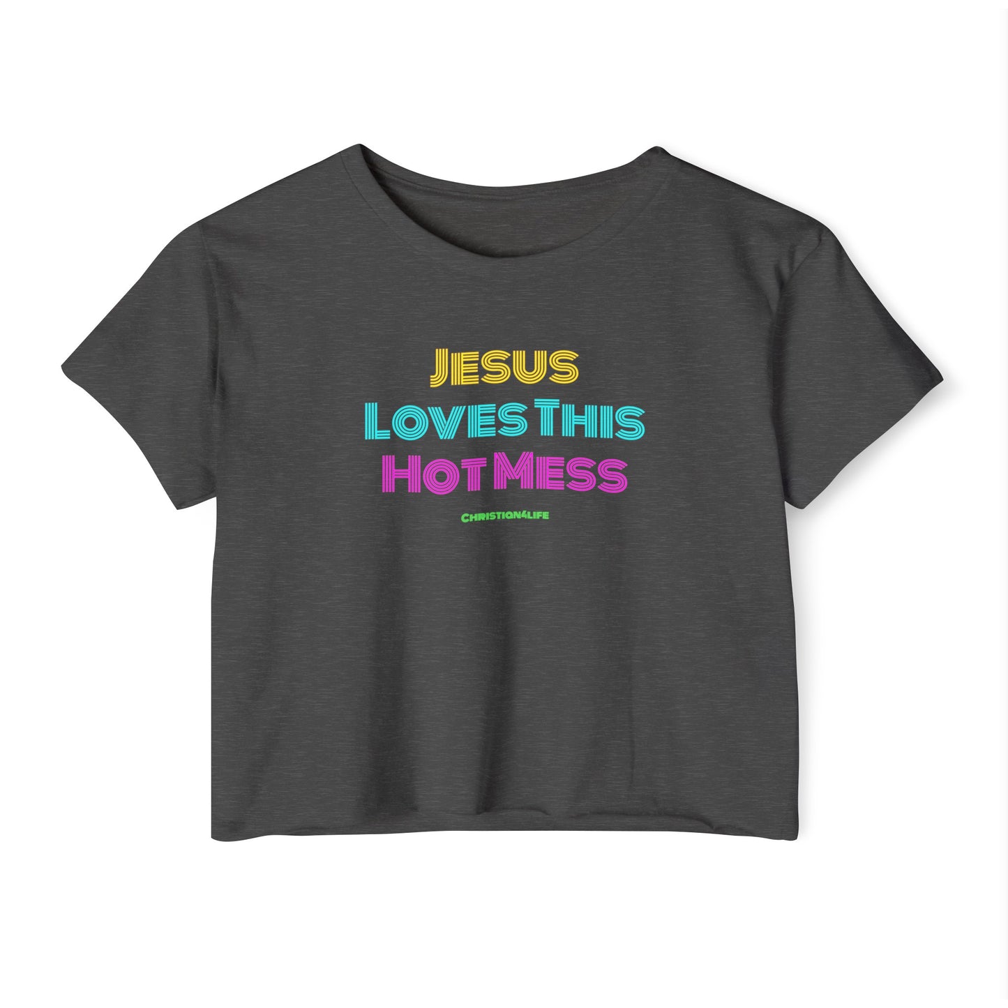 Jesus Loves this Hot Mess -Women’s Festival Crop Top - Charcoal / XS - T-Shirt